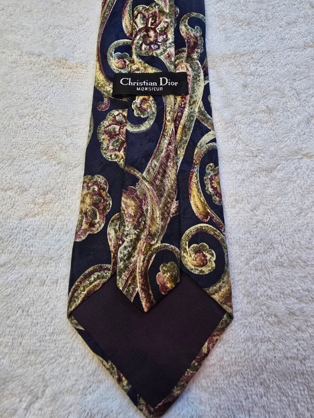 Vintage Christian Dior Monsieur Silk Tie - Paisley Pattern on Navy Background - Picture 6 of 9